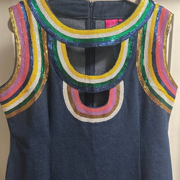 QUEEN OF SPARKLES NWOT DENIM MULTI COLOR SEQUIN DRESS - Picture 2 of 3